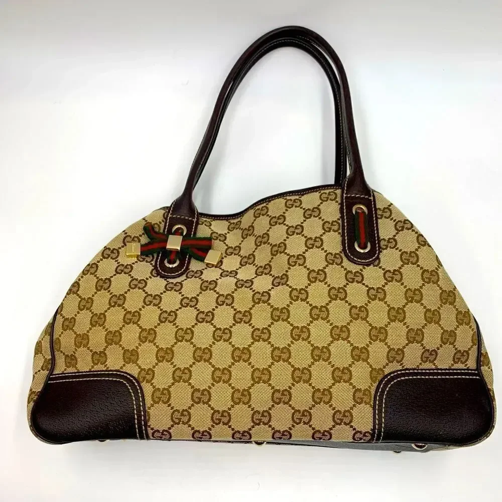Auth GUCCI GG Monogram Tan Brown Canvas Leather Princey Shoulder 2way Handbag